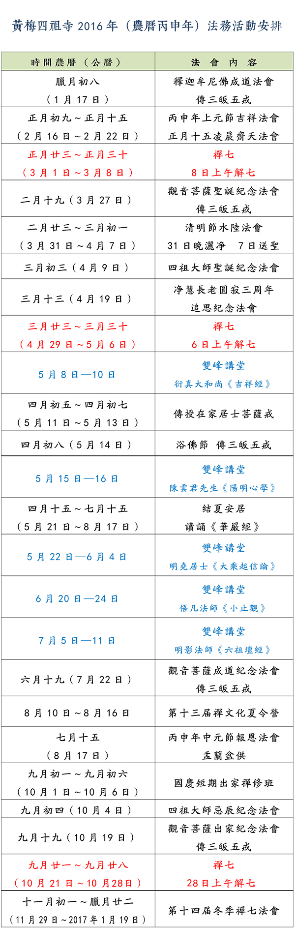 四祖寺2016年（农历丙申年）法务活动安排