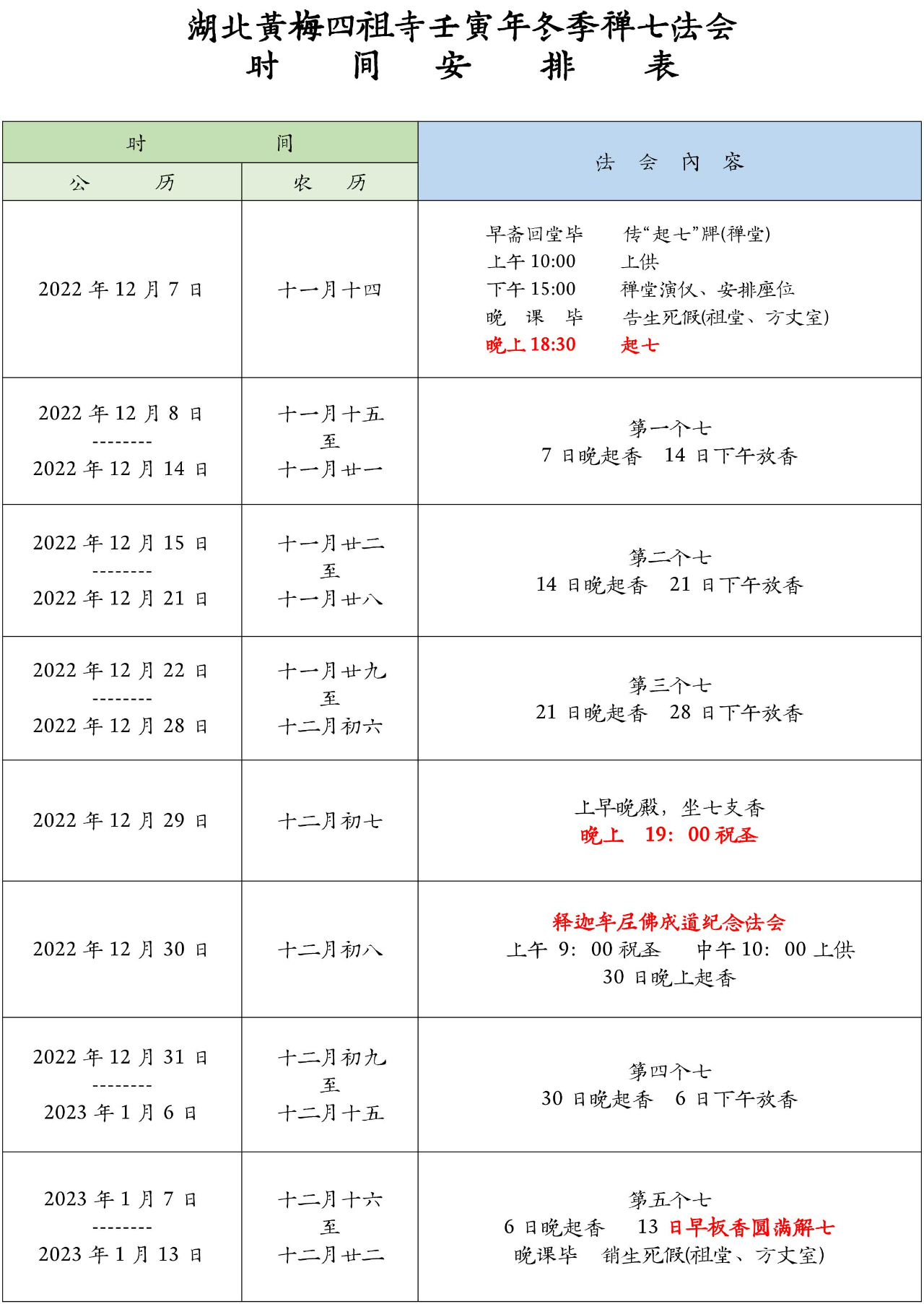 四祖寺壬寅年（2022）第二十届冬季禅七法会通启